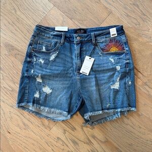 Judy Blue Washed Blue Distressed Denim Shorts with Sun Embroidery